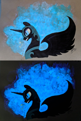 Size: 1800x2700 | Tagged: safe, artist:brisineo, nightmare moon, alicorn, armor, brown background, featured image, glow in the dark, glowing eyes, glowing mane, marker drawing, signature, simple background, smiling, solo, traditional art