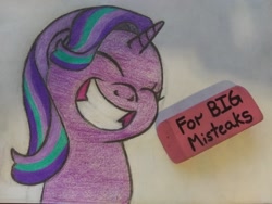 Size: 1626x1220 | Tagged: safe, artist:drbksmd, imported from derpibooru, starlight glimmer, pony, unicorn, memnagerie, spoiler:memnagerie, cute, eraser, eyes closed, female, glimmerbetes, grin, laughing, mare, meme, misspelling, smiling, solo, traditional art