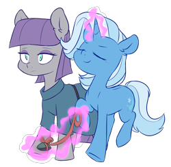 Size: 3750x3653 | Tagged: safe, artist:chub-wub, imported from derpibooru, boulder (pet), maud pie, trixie, earth pony, pony, unicorn, belt, boulder (g4), clothes, collar, dress, eyes closed, eyeshadow, female, glowing horn, horn, leash, lesbian, levitation, magic, makeup, mare, mauxie, raised hoof, raised leg, shipping, simple background, telekinesis, transparent background