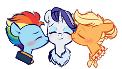 Size: 5224x2965 | Tagged: safe, artist:chub-wub, imported from derpibooru, applejack, rainbow dash, rarity, earth pony, pegasus, pony, unicorn, alternate hairstyle, appledash, blushing, cheek kiss, clothes, coat, eyes closed, eyeshadow, female, freckles, jacket, kiss on the cheek, kiss sandwich, kissing, lesbian, makeup, mare, older, older applejack, older rainbow dash, older rarity, polyamory, raridash, rarijack, rarijackdash, shipping, simple background, transparent background