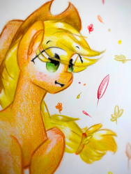 Size: 1920x2560 | Tagged: safe, artist:stardust0130, imported from derpibooru, applejack, earth pony, pony, applejack's hat, autumn, blushing, cowboy hat, cute, female, freckles, hat, jackabetes, leaves, mare, smiling, solo, traditional art, windswept mane