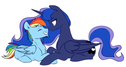 Size: 5526x2970 | Tagged: safe, artist:chub-wub, imported from derpibooru, princess luna, rainbow dash, alicorn, pegasus, pony, alternate hairstyle, beard, boop, facial hair, female, half r63 shipping, lesbian, lunablitz, lunadash, male, mare, noseboop, nuzzling, rainbow blitz, rule 63, shipping, simple background, stallion, straight, trans boy, trans male, transgender, transparent background