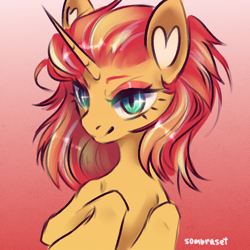 Size: 1000x1000 | Tagged: safe, artist:sombraset, imported from derpibooru, sunset shimmer, pony, unicorn, female, gradient background, mare, red background, redesign, signature, slit pupils, smiling, smirk, solo