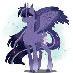 Size: 1024x1024 | Tagged: safe, artist:kurookaamii, artist:thelazyponyy, imported from derpibooru, twilight sparkle, alicorn, pony, colored hooves, colored wings, colored wingtips, crown, curved horn, female, horn, jewelry, mare, redesign, regalia, signature, solo, sparkles, twilight sparkle (alicorn)