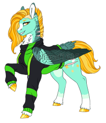 Size: 744x866 | Tagged: safe, artist:malinraf1615, imported from derpibooru, lightning dust, pegasus, pony, alternate hairstyle, chest fluff, clothes, female, grin, headcanon, mare, markings, raised hoof, redesign, scar, simple background, smiling, solo, sweater, transparent background, unshorn fetlocks