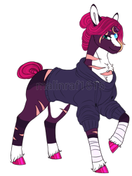 Size: 661x881 | Tagged: safe, artist:malinraf1615, imported from derpibooru, fizzlepop berrytwist, tempest shadow, pony, unicorn, alternate hairstyle, bandage, broken horn, clothes, eye scar, female, headcanon, hoodie, horn, horn ring, jewelry, mare, markings, raised hoof, redesign, ring, scar, simple background, solo, tape, transparent background, unshorn fetlocks, wedding ring