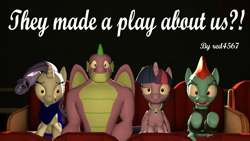 Size: 1920x1080 | Tagged: safe, artist:red4567, imported from derpibooru, rainbow dash, rarity, spike, twilight sparkle, alicorn, dragon, pegasus, pony, unicorn, fanfic:they made a play about us?!, 3d, fanfic, fanfic art, fanfic cover, female, gigachad spike, link in description, male, mare, mixed reactions, older, older rainbow dash, older rarity, older spike, older twilight, shrunken pupils, source filmmaker, twilight sparkle (alicorn), twilight will not outlive her friends, winged spike, wings