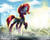 Size: 2100x1700 | Tagged: safe, artist:melanyschaffer, artist:opal_radiance, imported from derpibooru, tempest shadow, pony, unicorn, broken horn, cloud, eye scar, female, field, glowing horn, horn, mare, raised hoof, scar, signature, sky, smiling, solo, storm king armor, sun