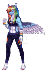 Size: 600x957 | Tagged: safe, artist:malinraf1615, imported from derpibooru, rainbow dash, anthro, pegasus, unguligrade anthro, abs, alternate hairstyle, bandage, belly button, breasts, cleavage, clothes, deviantart watermark, female, markings, obtrusive watermark, pale belly, pants, simple background, solo, sports bra, sweatpants, tape, transparent background, unshorn fetlocks, watermark, wristband