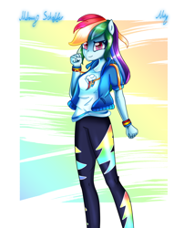 Size: 1700x2100 | Tagged: safe, artist:melanyschaffer, artist:opal_radiance, imported from derpibooru, rainbow dash, equestria girls, abstract background, female, ponied up, signature, smiling, solo