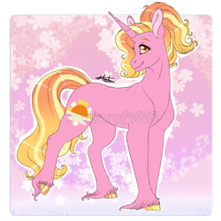 Size: 874x870 | Tagged: safe, alternate version, artist:malinraf1615, imported from derpibooru, luster dawn, pony, unicorn, alternate hairstyle, female, headcanon, leg fluff, mare, pink background, raised leg, solo, transparent background, unshorn fetlocks, watermark