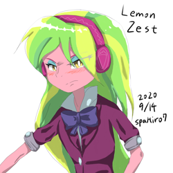 Size: 2000x2000 | Tagged: safe, artist:spahiro7, imported from derpibooru, lemon zest, equestria girls, blushing, clothes, crystal prep academy uniform, eye clipping through hair, female, frown, headphones, school uniform, signature, simple background, solo, tsundere, tsundere zest, white background