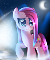 Size: 1900x2300 | Tagged: safe, artist:melanyschaffer, artist:opal_radiance, imported from derpibooru, pinkie pie, earth pony, pony, female, high res, mare, moon, pinkamena diane pie, snow, solo