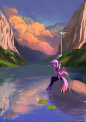 Size: 3000x4243 | Tagged: safe, artist:vincher, imported from derpibooru, oc, oc only, oc:ardent dusk, anthro, dragonfly, insect, pegasus, unguligrade anthro, boulder, clothes, detailed background, ear fluff, eye clipping through hair, female, freckles, hock fluff, hoodie, lilypad, looking at you, mountain, pants, ripped pants, scenery, sitting, smiling, solo, water, waterfall