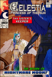 Size: 3009x4492 | Tagged: safe, artist:stellarator, imported from derpibooru, princess celestia, princess luna, alicorn, anthro, unguligrade anthro, 3d, armor, blender, blender cycles, comic cover, cycles, diadem, female, hipposandals, horn, jewelry, katana, mare, ninja, ninja luna, not sfm, regalia, sword, tiara, warrior, warrior celestia, warrior luna, weapon, wings