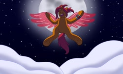 Size: 1280x772 | Tagged: safe, artist:lynnthenerdkitty, imported from derpibooru, alicorn, pony, unicorn, artificial alicorn, artificial wings, augmented, change, cloud, eyes closed, flying, full moon, lyrics in the description, moon, night, open mouth, ponified, sari sumdac, singing, transformers, wings, wristband