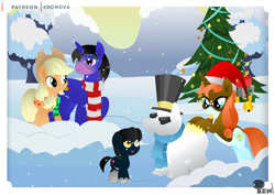 Size: 920x651 | Tagged: safe, artist:edonovaillustrator, imported from derpibooru, applejack, oc, oc:loud off, earth pony, pony, unicorn, canon x oc, christmas, christmas tree, clothes, cowboy hat, digital art, female, filly, foal, hat, holiday, horn, male, mare, ponyville, santa hat, snow, snowpony, stallion, tail, tree