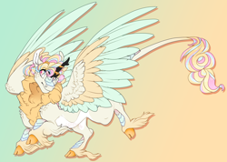 Size: 2542x1812 | Tagged: safe, artist:seffiron, imported from derpibooru, oc, oc only, oc:velvet breeze, hybrid, colored wings, gradient background, multicolored wings, offspring, parent:autumn blaze, parents:canon x oc, solo, wings