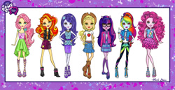 Size: 1500x771 | Tagged: safe, artist:nicole guice, imported from derpibooru, applejack, fluttershy, pinkie pie, rainbow dash, rarity, sci-twi, sunset shimmer, twilight sparkle, equestria girls, equestria girls series, clothes, concept art, doll, female, humane five, humane seven, humane six, looking at you, official, reboot, surreal, toy