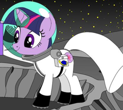 Size: 1192x1063 | Tagged: safe, artist:joko-zuno, imported from derpibooru, twilight sparkle, pony, unicorn, astronaut, cropped, female, mare, moon, moon landing, solo, space, spacesuit, stars, unicorn twilight