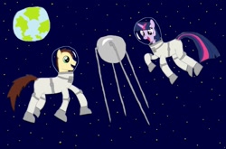 Size: 1280x846 | Tagged: safe, artist:red-brick-1, imported from derpibooru, twilight sparkle, oc, pony, unicorn, 1000 hours in ms paint, astronaut, earth, helmet, ms paint, planet, spacesuit, sputnik, unicorn twilight