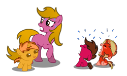 Size: 1161x702 | Tagged: safe, artist:lynnthenerdkitty, imported from derpibooru, oc, oc only, oc:apricot, oc:sol, earth pony, pony, unicorn, age progression, age regression, age swap, baby, baby pony, base, base used, colt, crying, eyes closed, female, filly, gritted teeth, male, nervous, open mouth, raised hoof, role reversal, simple background, smiling, sweat, sweatdrops, transparent background