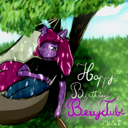 Size: 4000x4000 | Tagged: safe, artist:wut, imported from derpibooru, berry punch, berryshine, anthro, earth pony, alcohol, beer, berrytube, blushing, chill, ear fluff, female, grass, hammock, looking at you, solo, tree