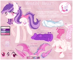 Size: 2000x1636 | Tagged: safe, artist:astralblues, imported from derpibooru, oc, oc only, oc:mentol heart, bat pony, pony, amputee, artificial wings, augmented, bow, bowtie, candy, candy cane, clothes, cute, cutie mark, female, food, lab coat, lenses, mane, mare, mechanical wing, palette, piercing, prosthetic limb, prosthetic wing, prosthetics, prothesis, pupils, reference, reference sheet, scarf, socks, solo, striped socks, sweater, tail bow, wings