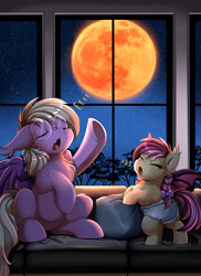 Size: 2550x3509 | Tagged: safe, artist:pridark, imported from derpibooru, oc, oc only, oc:beaming heart, oc:pinkfull night, bat pony, pony, baby, bat pony oc, bat wings, behaving like a bat, bow, chest fluff, couch, diaper, eeee, eyes closed, fangs, female, filly, full moon, glasses, moon, night, shading, teenager, tree, underhoof, window, wings