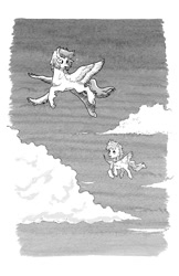 Size: 644x995 | Tagged: safe, artist:adeptus-monitus, imported from derpibooru, oc, oc:summer ray, hippogriff, pegasus, pony, fanfic:through the aurora, duo, flying, grayscale, monochrome, traditional art