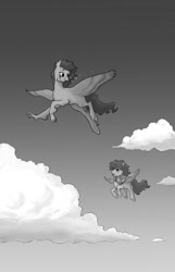 Size: 695x1080 | Tagged: safe, artist:adeptus-monitus, imported from derpibooru, oc, oc:summer ray, hippogriff, pegasus, pony, fanfic:through the aurora, duo, flying, grayscale, monochrome, sky