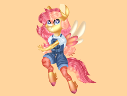 Size: 1024x768 | Tagged: safe, artist:rainydayjitters, imported from derpibooru, oc, oc only, oc:strawberry sunrise, anthro, pegasus, unguligrade anthro, clothes, orange background, overalls, simple background, solo, two toned wings, wings