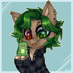 Size: 3000x3000 | Tagged: safe, artist:_spacemonkeyz_, imported from derpibooru, oc, oc only, oc:ame, earth pony, frog, pony, bust, clothes, ear piercing, heterochromia, piercing, shirt, simple background, solo, tongue out