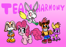 Size: 1277x912 | Tagged: safe, artist:harmonybunny2021, artist:jewelbandibun, imported from derpibooru, pinkie pie, broom, crash bandicoot, crash bandicoot (series), cream the rabbit, crossover, flying, flying broomstick, jewelpet, ruby (jewelpet), sanrio, sega, sonic the hedgehog (series), spyro the dragon, spyro the dragon (series), team, team harmony