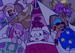 Size: 1259x899 | Tagged: safe, artist:harmonybunny2021, artist:jewelbandibun, imported from derpibooru, pinkie pie, balloon, bed, bedroom, blanket, cheese the chao, cherry, crash bandicoot, crash bandicoot (series), cream the rabbit, crossover, eyes closed, flower, food, hat, jewelpet, nest, nightcap, pillow, ruby (jewelpet), sanrio, sega, sleeping, sonic the hedgehog (series), sparx, sparx the dragonfly, spyro the dragon, spyro the dragon (series), team harmony, wumpa fruit