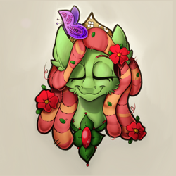 Size: 2048x2048 | Tagged: safe, artist:mychelle, imported from derpibooru, tree hugger, butterfly, pony, bust, eyes closed, female, portrait, simple background, solo