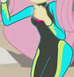 Size: 1092x1129 | Tagged: safe, imported from derpibooru, screencap, fluttershy, equestria girls, equestria girls series, unsolved selfie mysteries, beach, boobshot, clothes, cropped, curvy, female, fluttershy's wetsuit, geode of fauna, hips, magical geodes, ocean, pictures of bellies, pictures of chests, sexy, solo, swimsuit, wetsuit