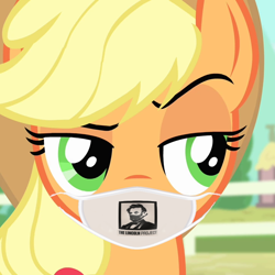 Size: 720x720 | Tagged: safe, edit, edited screencap, imported from derpibooru, screencap, applejack, pony, three's a crowd, abraham lincoln, applejack's hat, aside glance, coronavirus, covid-19, cowboy hat, cropped, face mask, female, fence, hat, mask, mouthpiece, politics, ponyville, president, raised eyebrow, republican, sideways glance, solo, the lincoln project, tree, unamused, unconvinced applejack