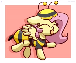 Size: 2850x2360 | Tagged: dead source, safe, artist:kimjoman, artist:php142, imported from derpibooru, fluttershy, bee, insect, pegasus, pony, :p, animal costume, bee costume, clothes, costume, cute, eyes closed, female, flutterbee, hat, mare, raised hoof, raised leg, shirt, shyabetes, solo, t-shirt, tongue out