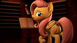 Size: 3840x2160 | Tagged: safe, artist:psfmer, imported from derpibooru, fluttershy, pegasus, pony, 3d, acoustic foam, bedroom eyes, blushing, butt, dock, female, looking at you, looking back, looking back at you, mare, microphone, one hoof raised, plot, raised hoof, recording studio, revamped ponies, sheet music, solo, source filmmaker, stand, unshorn fetlocks, wings