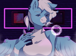 Size: 2514x1855 | Tagged: safe, artist:wild_kissel, imported from derpibooru, oc, oc only, oc:freezing blizzard, anthro, pegasus, pony, ear piercing, freckles, looking at you, neon, piercing, simple background, solo, vape, vaping, vapor