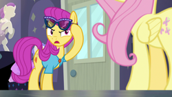 Size: 1280x720 | Tagged: safe, imported from derpibooru, screencap, fluttershy, pursey pink, earth pony, pony, fake it 'til you make it, female, glasses, mare