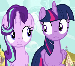 Size: 1304x1145 | Tagged: safe, imported from derpibooru, screencap, starlight glimmer, twilight sparkle, alicorn, pony, unicorn, fame and misfortune, cropped, duo, duo female, female, looking at each other, mare, twilight sparkle (alicorn)