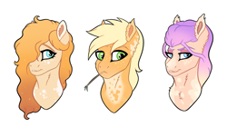 Size: 4129x2304 | Tagged: safe, artist:venommocity, imported from derpibooru, applejack, pear butter, oc, oc:athena (venommocity), pony, bust, magical lesbian spawn, offspring, parent:applejack, parent:rarity, parents:rarijack, simple background, white background