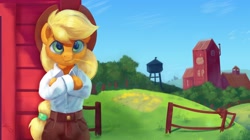 Size: 2864x1600 | Tagged: safe, artist:drafthoof, imported from derpibooru, applejack, earth pony, semi-anthro, apple farm, barn, clothes, crossed hooves, female, fence, hat, scenery, shirt, solo, straw in mouth, water tower