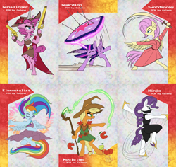 Size: 3507x3308 | Tagged: safe, artist:calena, imported from derpibooru, applejack, fluttershy, pinkie pie, rainbow dash, rarity, twilight sparkle, pony, badass, character class, clothes, colored, cute, dexterous hooves, fantasy class, flat colors, flutterbadass, gun, hoof hold, horn, magic, magician, magician outfit, mane six, ninja, rpg, shotgun, sword, swordpony, weapon, wings, ych example, your character here