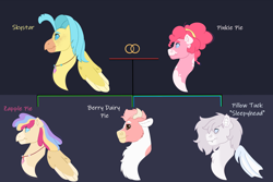 Size: 1280x854 | Tagged: safe, artist:itstechtock, imported from derpibooru, pinkie pie, princess skystar, oc, oc:berry dairy, oc:sleepyhead, oc:zapple pie, bat pony, cow, hippogriff, hybrid, pony, my little pony: the movie, female, interspecies offspring, lesbian, magical lesbian spawn, offspring, parent:pinkie pie, parent:princess skystar, parents:skypie, shipping, skypie