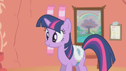 Size: 1280x720 | Tagged: safe, imported from derpibooru, screencap, twilight sparkle, pony, unicorn, winter wrap up, clothes, female, golden oaks library, mare, picture frame, saddle, scarf, solo, tack, unicorn twilight