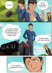 Size: 4961x7016 | Tagged: safe, artist:symptom99, imported from derpibooru, sunset shimmer, oc, oc only, oc:mazin, comic:eureka! let's isekai, equestria girls, angry, clothes, comic, eyes closed, female, geode of empathy, hug, isekai, magical geodes, male, rageset shimmer, sunset shimmer is not amused, tree, unamused