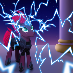 Size: 2048x2048 | Tagged: safe, artist:whitequartztheartist, imported from derpibooru, fizzlepop berrytwist, tempest shadow, pony, unicorn, my little pony: the movie, canterlot, female, lightning, magic, mare, solo